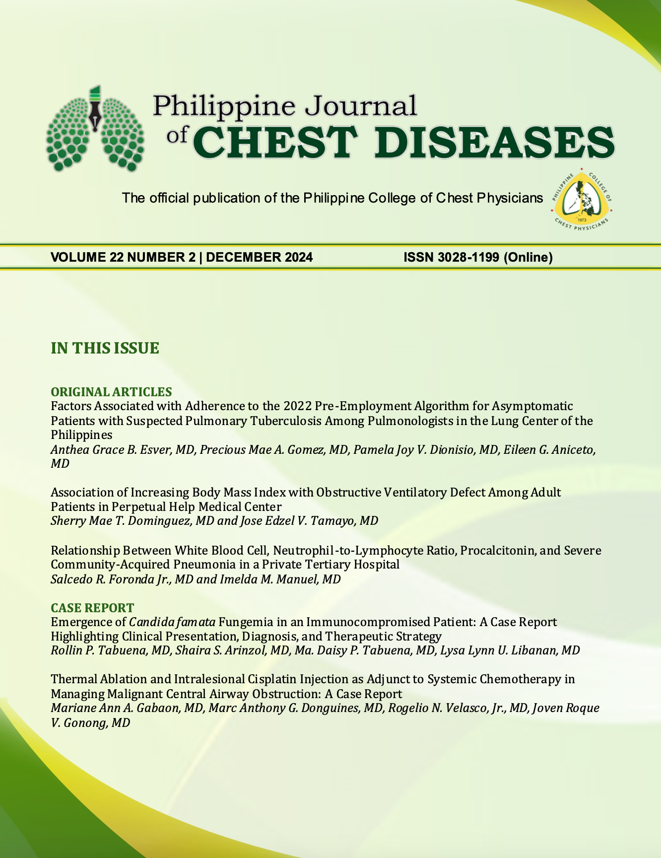 					View Vol. 22 No. 2 (2024): Philippine Journal of Chest Diseases
				